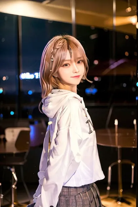 1girl, (ulzzang-6500:0.725), kpop idol, best quality, (photorealistic:1.2), (hair ornament:1.35), depth of field, detailed face, (looking at viewer:1.25), shiny skin, smile, game cg, east asian architecture, blurry background, (full body:1.2),1girl, higuchi madoka, idolmaster shiny colors, brown hair, short hair, hairpin, black hoodie, skirt, (bokeh), <lora:characterMadoka_v10:0.6>, <lora:koreanDollLikeness_v10:1>