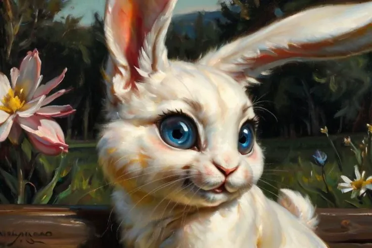 Masterwork quality, incredible details, 8k uhd, 1080x720, ((feral, feral Bunny)), ((oil painting, classical oil painting)), Neon colors, daylight, sunny day, field, full of flowers, spring, under a tree, wooden bench, on the bench, small snout, Female, cute, bunny, White fur, blue eyes, bright eyes, bright blue eyes, sky blue eyes, light blue eyes, very cute, long eyelashes, beautiful eyes, ((detailed eyes, big eyes)), close up of face, focus on eyes, close-up eyes, seductress, beautiful face, detailed face, hyperrealistic, hyperrealistic face, hyperrealistic fur, hyperrealistic eyes, smug smile, smug face, tiny bunny, bunny, little bunny, rabbit body, Bunny body, cub, chibi, incredible details, short tail, rabbit tail, rabbit feet, rabbit paws, butt, Big butt, <lora:add_detail:0.8>