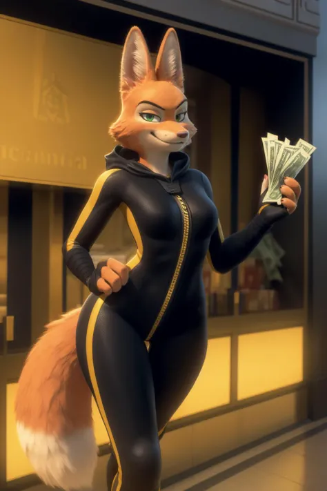 diane foxington, female, fox, orange fur, green eyes,single [eyebrow piercing], clothed, solo,(black (bodysuit:1.1) with yellow trim and black wraps:1.0), zipper, hood, clothing, sexy, curvy, fingerless gloves, smirk, shoulder bag, bank, vault, money dollar bills, gold bars, sexy, curvy, smirk, 4 fingers, <lora:diane foxington v6.2-000004:1>