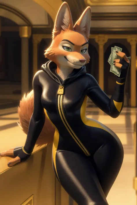 diane foxington, female, fox, orange fur, green eyes,single [eyebrow piercing], clothed, solo,(black (bodysuit:1.1) with yellow trim and black wraps:1.0), zipper, hood, clothing, sexy, curvy, fingerless gloves, smirk, shoulder bag, bank, vault, money dollar bills, gold bars, sexy, curvy, smirk, 4 fingers, <lora:diane foxington v6.2-000004:1>