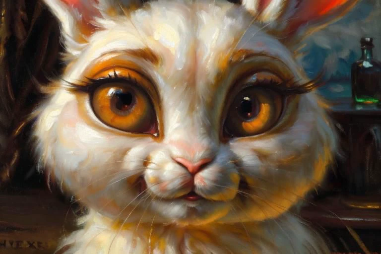 Masterwork quality, incredible details, 8k uhd, 1080x720, ((feral, feral Bunny)), ((oil painting, classical oil painting)), fairy tale style, Neon colors, daylight, laboratory, small snout, Female, cute, bunny, Orange eyes, very cute, makeup, orange makeup, window, long eyelashes, beautiful eyes, ((detailed eyes, big eyes)), close up of face, focus on eyes, close-up eyes, butt, seductress, beautiful face, detailed face, smug smile, smug face, tiny bunny, bunny, little bunny, cub, chibi, incredible details, the sun comes through the window, hyperrealistic face, hyperrealistic, <lora:add_detail:0.8>