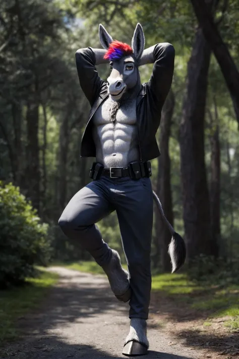 humanoid face, muscular male anthro donkey, (detailed silky donkey fur:1.2), (donkey fur), donkey ears and nose,
BREAK, solo, looking at viewer, outdoors, forest, early morning, blurry background, blurry foreground,
BREAK, 1boy, rose gold colored hair, very short hair, detailed humanoid glossy brown eyes, muscular, police uniform, jacket, pants, belt, relaxed, eyes half-closed, mouth slightly smiling, shoulders dropped, face smooth, from front, full body, standing, arms raised above head, palms touching, right leg lifted, left foot on tiptoe,
BREAK, perfectly rendered, detail, lifelike textures, smooth textures, matte textures, glossy textures, grandiose design, volumetric lighting, <lora:more_details:0.25>, <lora:LowRA:0.25>, <lora:add-detail-xl:0.55>, <lora:skindentation:0.25>, edgQuality,
