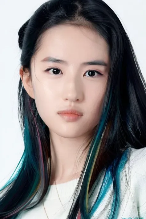 portrait of liuyifei,<lora:liuyifei_mj11_now-000021:0.6>,masterpiece,best quality,aqua eyes,black hair,closed mouth,multicolored background,looking at viewer,sweater,white background,