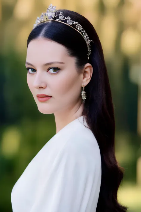 a girl with nice white dress looking into the camera, wearing crown, in forest, trees, (RAW photo, best quality), (realistic, photo-realistic:1.3), best quality ,masterpiece, an extremely delicate and beautiful, extremely detailed ,CG ,unity ,2k wallpaper, Amazing, finely detail, masterpiece, light smile, best quality, extremely detailed CG unity 8k wallpaper, huge filesize , ultra-detailed, highres, extremely detailed, 1girl, maid, hair ornament, looking at looking at viewer, medium breasts, <lora:Pelin_Akil:1>