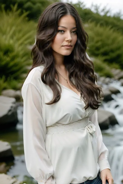 a portrait of a plnakl (depth of field) wearing a A high-necked blouse with delicate lace detailing standing in a near waterfall,busty,(hourglass waist:1.1),(curvy hips:1.1),(beautiful legs:1.2),(sunny:1.2),(professional photography),photorealistic,<lora:Pelin_Akil:0.9>,<lora:add_detail:0.2>,<lora:GoodHands-beta2:0.9>