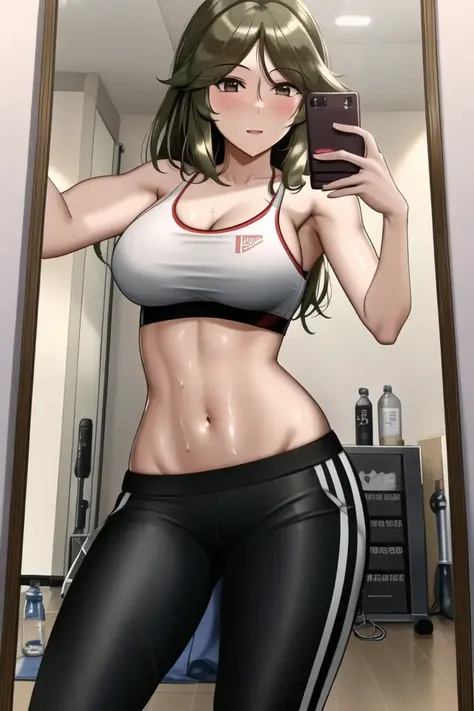 <lora:Palutena:.6>, palutena, masterpiece, best quality, 1girl, barbell, bottle, cellphone, clothes pull, error, exercise, gym, mirror, pants, pants pull, phone, selfie, smartphone, solo, sports bra, toned, water bottle, mature female,