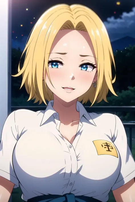 (Night:1.7), Japan, Tokyo, CityView, Before Window, Standing at attention, school_uniform,white shirt,collared shirt, Blue_pleated_skirt, <lora:Reina_Hamazaki_Imaizumi-KK77-V1:0.7>,jewelry,collarbone, blonde hair, blue eyes,short hair, 1 girl, 20yo,Young female,Beautiful Finger,Beautiful long legs,Beautiful body,Beautiful Nose,Beautiful character design, perfect eyes, perfect face,expressive eyes, looking at viewer, in the center of the image,(Upper_body),(close-Up),(Focus on her face),evil smile, official art,extremely detailed CG unity 8k wallpaper, perfect lighting,Colorful, Bright_Front_face_Lighting, (masterpiece:1.0),(best_quality:1.0), ultra high res,4K,ultra-detailed, photography, 8K, HDR, highres, absurdres:1.2, Kodak portra 400, film grain, blurry background, bokeh:1.2, lens flare, (vibrant_color:1.2) (Beautiful,large_Breasts:1.4), (beautiful_face:1.5),(narrow_waist),
