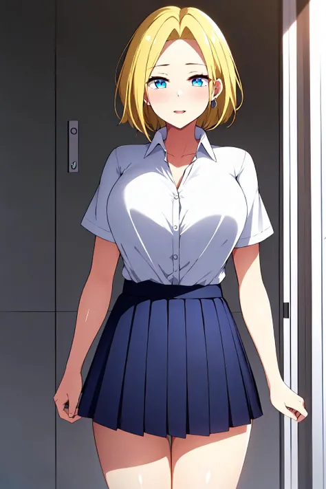 school_uniform,white shirt,collared shirt, Blue_pleated_skirt,
<lora:Reina_Hamazaki_Imaizumi-KK77-V1:0.7>,jewelry,collarbone,
blonde hair, blue eyes,short hair
1 girl, 20yo,Young female,Beautiful Finger,Beautiful long legs,Beautiful body,Beautiful Nose,Beautiful character design, perfect eyes, perfect face,expressive eyes, looking at viewer, in the center of the image,(light_smile:0.5), official art,extremely detailed CG unity 8k wallpaper, perfect lighting,Colorful, Bright_Front_face_Lighting,shiny skin, (masterpiece:1.0),(best_quality:1.0), ultra high res,4K,ultra-detailed, photography, 8K, HDR, highres, absurdres:1.2, Kodak portra 400, film grain, blurry background, bokeh:1.2, lens flare, (vibrant_color:1.2) (Beautiful,large_Breasts:1.0), (beautiful_face:1.5),(narrow_waist)