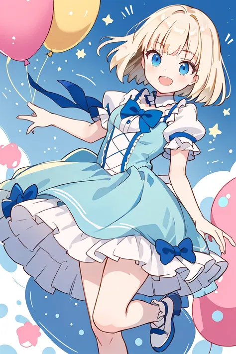 (masterpiece, best quality),   <lora:tearmoon-diag_oft-bundle-30000:0.8> Mia, frills, blue dress, puffy short sleeves, blue bow, happy, jump