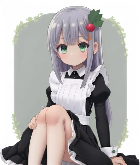 Liora, maid apron, black dress, juliet sleeves, hair ornament, leaf hair ornament, white background, sitting, beautiful eyes, looking at viewer, knees, illustration,
<lora:tearmoon-diag_oft-bundle-30000:0:1>, <lora:ninekeymix12_v50:0.75>