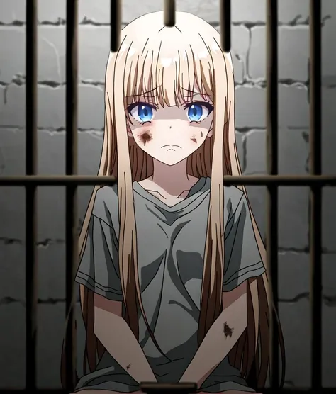 Mia long hair, solo, 1girl, dark ,  in jail ,  grey t-shirt, prisoner, [screenshots::0.2], sitting, dirty, sad , facing viewer
 <lora:tearmoon_ep01_lohad8_attn-mlp:0.9:0.95>