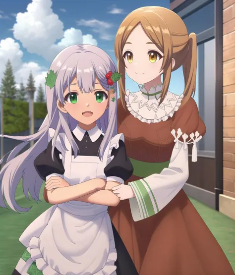 Tiona, Liora, 2girls, smile, open mouth, maid, outdoors, sky, forest, wheat field, hugging, 
BREAK
sky, cloud, 
BREAK
(Liora:1.2), maid apron, juliet sleeves, one leg up, hair ornament, leaf hair ornament, fang, beautiful eyes, ;D, crossed arms, 
BREAK
Tiona, red dress, walking, hand in front, outdoors, hug, looking at another, 
<lora:tearmoon-diag_oft-bundle-30000:1:1:lbw=1,0,0,0,0,0,0,0,0,0,0,0,0,0,0,0,0,1,1,1,1,1,0,0,0,0>, <lora:kohakuV5_rev2:0.6>, <lora:linneamix_v74:0.3>