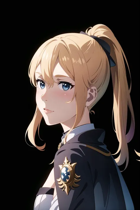 (masterpiece:1.2),(extremely detailed CG unity 8k wallpaper),best illustration,ultra detailed,top quality,absurdres,Unreal Engine,1girl,solo,fine art parody,looking_at_viewer,jean \(genshin impact\),blonde hair,long hair,blue eyes,ponytail,detached collar,capelet,strapless,detached sleeves,corset,black_background,<lora:jean:1>,closed mouth,