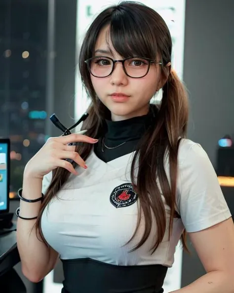 cyborg, eye glasses, 28 years old women, portrait, cyberpunk background, technology <lora:Sarah-10:0.8>