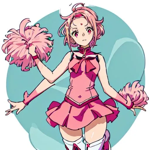 <lora:Gundam_Reconguista_in_G-10:1>Gundam_Reconguista_in_G, 1girl, solo, short hair, skirt, hair ornament, pink hair, sleeveless, pink eyes, knee boots, forehead mark, cheerleader