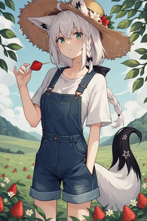 source_anime, score_9, score_8_up, 1girl,  <lora:shirakami_fubuki_sdxl_pony-2:1> fubuki, white hair, single side braid, ahoge, piercing, fox tail, pentagram, strawberry field, sunny day, summer, straw hat, overalls