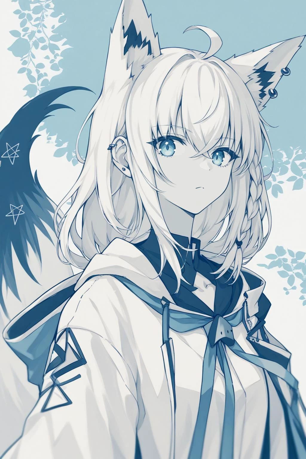 source_anime, score_9, score_8_up, 1girl, <lora:shirakami_fubuki_sdxl_pony-2:1> fubuki, white hair, single side braid, ahoge, piercing, fox tail, pentagram, light blue monochrome, single color, line art, lineart, zoom layer
