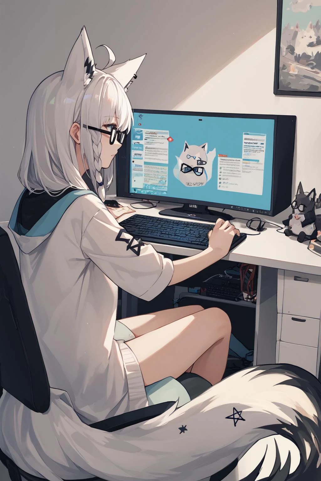 source_anime, score_9, score_8_up, 1girl, <lora:shirakami_fubuki_sdxl_pony-2:1> fubuki, white hair, single side braid, ahoge, piercing, fox tail, pentagram, glasses, computer, sitting, gaming