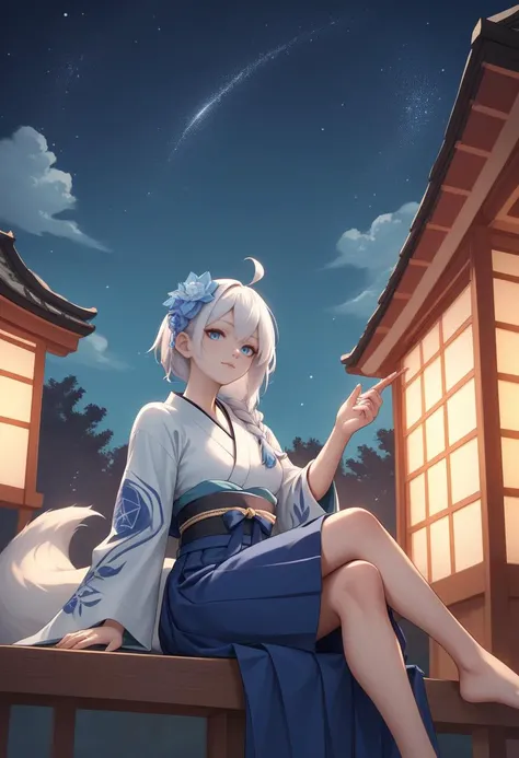 score_9, score_8_up, score_7_up, score_6_up, score_5_up, score_4_up, rating_explicit,  BREAK,  <lora:fubukiXL-10:0.75>fubukinewyears, kimono, blue bow, blue hakama, japanese clothes, hair flower, white hair, single side braid, ahoge, piercing, fox tail, pentagram, starry sky,  Sitting