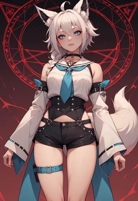 score_9, score_8_up, score_7_up, score_6_up, score_5_up, score_4_up, rating_explicit,  BREAK,  <lora:fubukiXL-10:0.95> fubukibase, white blouse, detached sleeves, black shorts, blue neckerchief, thigh strap, single thighhigh, white hair, single side braid, ahoge, piercing, fox tail, pentagram standing in an s-shape