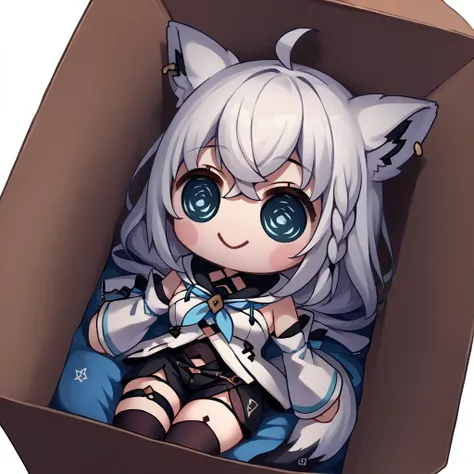 score_9, score_8_up, source_anime, 1girl, solo, chibi, fubukibase, white blouse, detached sleeves, black shorts, blue neckerchief, thigh strap, single thighhigh, white hair, single side braid, ahoge, piercing, fox tail, pentagram, smile, in box, sitting, <lora:style_beegsmol_ponyXL:1.1> <lora:fubukiXL:1.0>