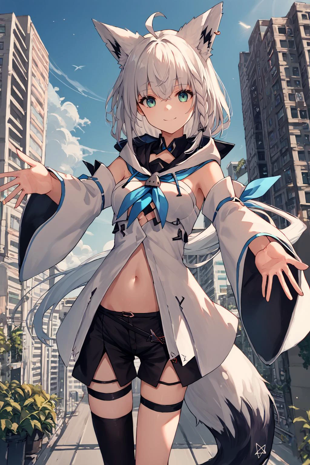 source_anime, score_9, score_8_up, 1girl, <lora:shirakami_fubuki_sdxl_pony-2:1> fubukibase, white blouse, detached sleeves, black shorts, blue neckerchief, thigh strap, single thighhigh, white hair, single side braid, ahoge, piercing, fox tail, pentagram, outstretched arms, looking at the viewer, city background, smile