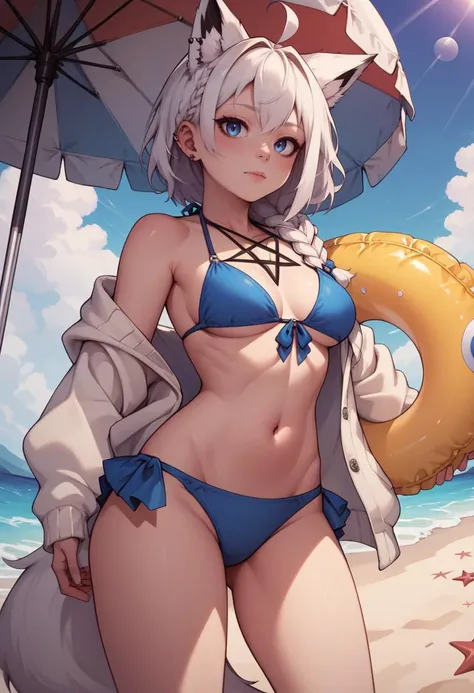Cat ear girl,(pubic hair:1.3),white hair,Blue eyes,short hair,20yo,(Small breasts:1.2),white micro bikini,beach,Blushing,standing,masterpiece,best quality,super fine illustration,beautiful background,Blushing,