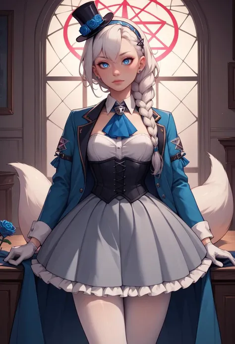 score_9, score_8_up, score_7_up, score_6_up, score_5_up, score_4_up, rating_explicit, BREAK, <lora:fubukiXL-10:0.75> fubukielegant, braided ponytail, blue coat, blue ascot, blue rose, corset, collared shirt, grey skirt, frilled skirt, white pantyhose, white gloves, mini top hat, hairband, white hair, piercing, fox tail, pentagram heart arms