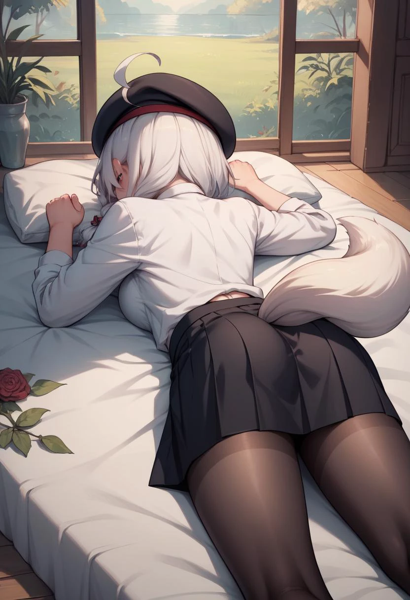 score_9, score_8_up, score_7_up, score_6_up, score_5_up, score_4_up, rating_explicit, BREAK, <lora:fubukiXL-10:0.75> fubukicasual, white shirt, white bow, beret, black skirt, black pantyhose, white hair, single side braid, ahoge, piercing, fox tail, pentagram lying on stomach