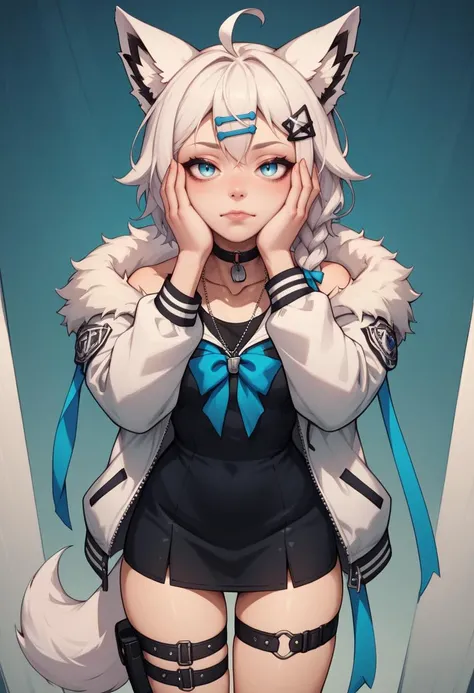 score_9, score_8_up, score_7_up, score_6_up, score_5_up, score_4_up, rating_explicit, BREAK, <lora:fubukiXL-10:0.75> fubukitechwear, white jacket, fur-trimmed jacket, hairclip, dog tags, choker, white microdress, black microdress, thigh strap, blue ribbon, white hair, single side braid, ahoge, piercing, fox tail, pentagram hands on face