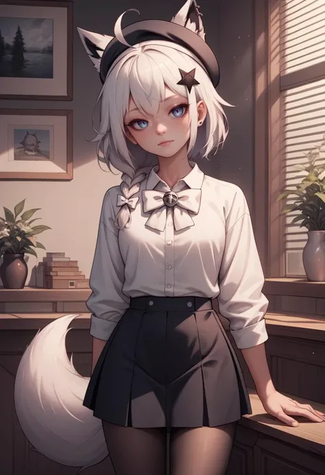 score_9, score_8_up, score_7_up, score_6_up, score_5_up, score_4_up, rating_explicit, BREAK, <lora:fubukiXL-10:0.75> fubukicasual, white shirt, white bow, beret, black skirt, black pantyhose, white hair, single side braid, ahoge, piercing, fox tail, pentagram leaning back
