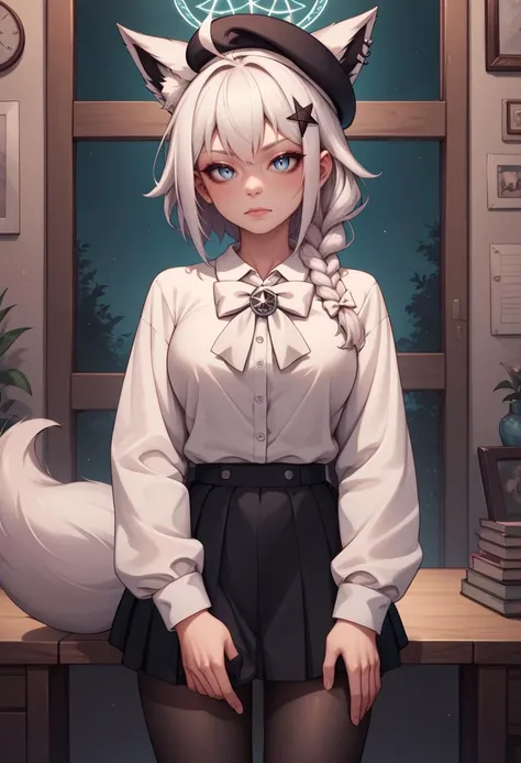 score_9, score_8_up, score_7_up, score_6_up, score_5_up, score_4_up, rating_explicit, BREAK, <lora:fubukiXL-10:0.75> fubukicasual, white shirt, white bow, beret, black skirt, black pantyhose, white hair, single side braid, ahoge, piercing, fox tail, pentagram chin in hand