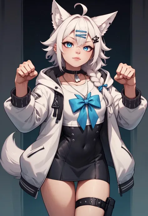 score_9, score_8_up, score_7_up, score_6_up, score_5_up, score_4_up, rating_explicit,  BREAK,  <lora:fubukiXL-10:0.75> fubukitechwear, white jacket, fur-trimmed jacket, hairclip, dog tags, choker, white microdress, black microdress, thigh strap, blue ribbon, white hair, single side braid, ahoge, piercing, fox tail, pentagram paw pose