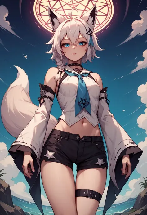Characters full body focused, anime style, petite, furry, furry female, messy hair, long hair, white hair, expressionless blush, tattered black cape hood, black low-rise shorts, single, sexy (full body white fur, fluffy tail, white fur, white ears) (fine eyes, different pupils, left eye blue, right eye red) (standing, left hand crossed waist) (starry sky, colorful star track, shooting star, grass)