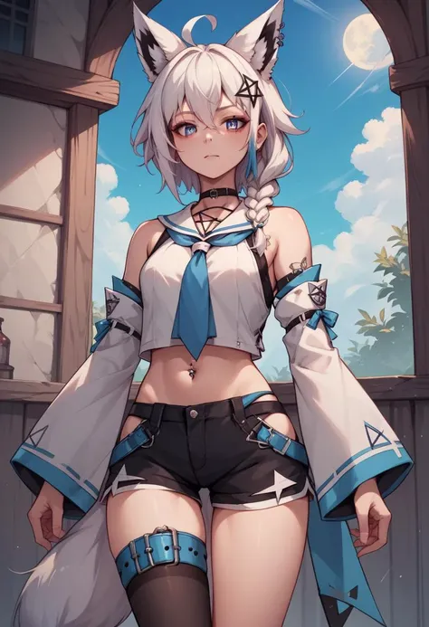 score_9, score_8_up, score_7_up, score_6_up, score_5_up, score_4_up, rating_explicit, BREAK, <lora:fubukiXL-10:0.95> fubukibase, white blouse, detached sleeves, black shorts, blue neckerchief, thigh strap, single thighhigh, white hair, single side braid, ahoge, piercing, fox tail, pentagram