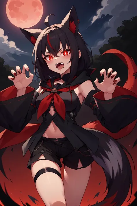 Werewolf woman, black hair, wild red eyes, defined, large breasts, no clothes background of night forest with full moon