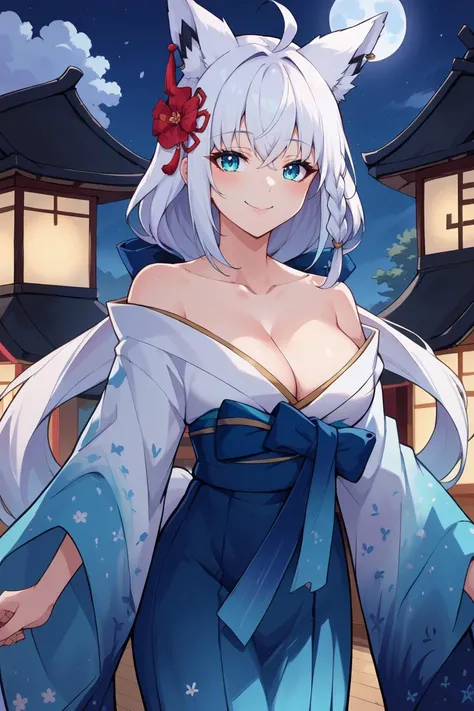 score_9, score_8_up, source_anime, 1girl, solo BREAK <lora:shirakami_fubuki_sdxl_pony-2:1> fubukinewyears, kimono, blue bow, blue hakama, japanese clothes, hair flower, white hair, single side braid, ahoge, piercing, fox tail, pentagram, off-shoulder, cleavage, night sky, moon, cherry blossoms, smile