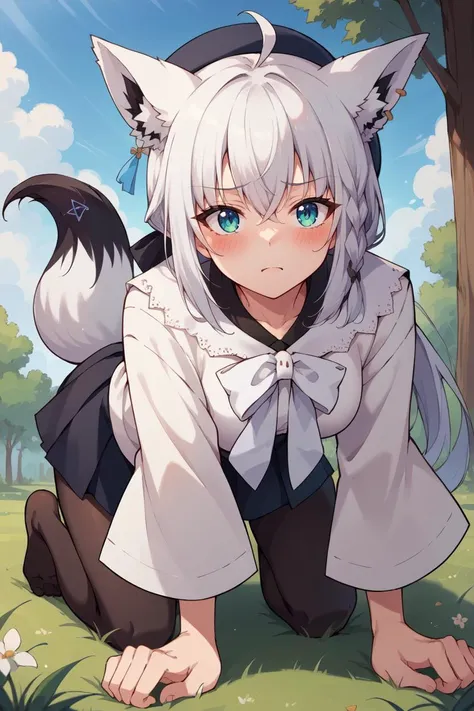 score_9, score_8_up, source_anime, 1girl, solo BREAK <lora:shirakami_fubuki_sdxl_pony-2:1> fubukicasual, white shirt, white bow, beret, black skirt, black pantyhose, white hair, single side braid, ahoge, piercing, fox tail, pentagram, paw pose, all fours, blush, grass, blue sky