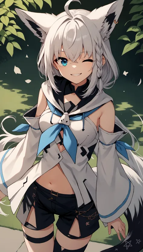 score_9, score_8_up, score_7_up BREAK source_anime, 1girl, solo, fubukibase, white blouse, detached sleeves, black shorts, blue neckerchief, thigh strap, single thighhigh, white hair, single side braid, ahoge, piercing, fox tail, pentagram, <lora:[P]Shirakami Fubuki_v2:1>, outdoors, one eye closed, big smile, teeth, closed mouth, looking at viewer,
