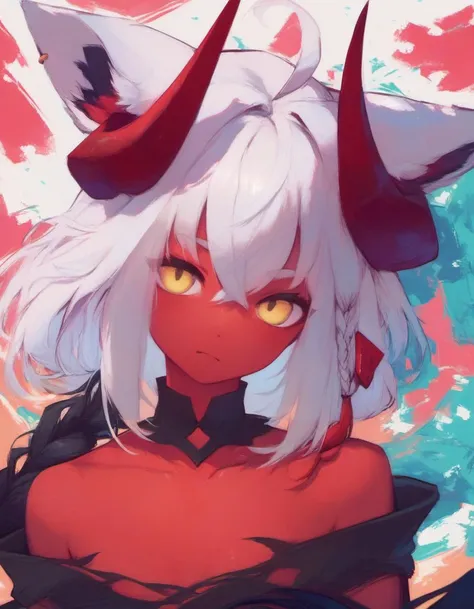 ((<lora:shirakami_fubuki_sdxl_pony-2:1>, ahoge, single side braid, fox tail, 1girl, white hair,) hybrid with (<lora:karlachxl:0.8> red skin, yellow eyes,horns)), portrait, BREAK , zPDXL, score_9, score_8_up, score_7_up, score_6_up, score_5_up, score_4_up