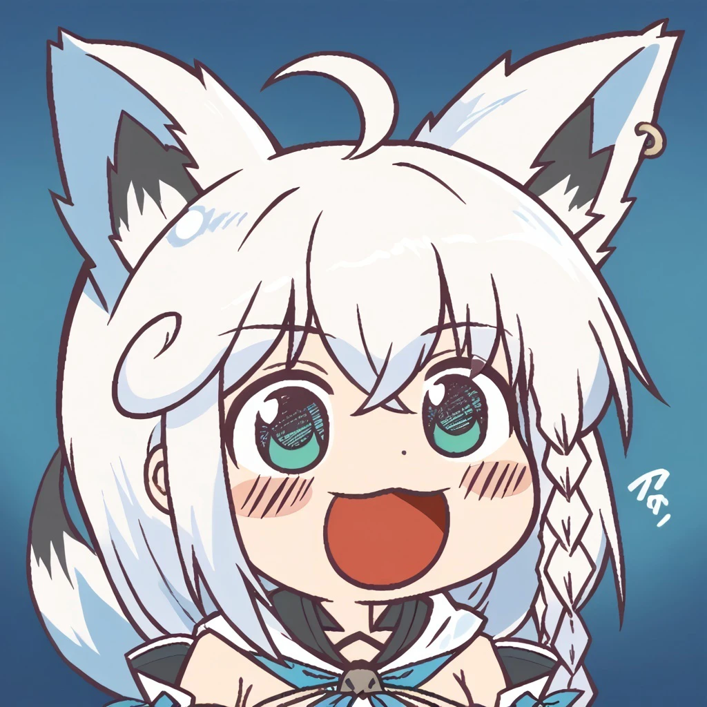 score_9, score_8_up,score_7_up,score_6_up, source_anime, chibi, open mouth,
fubuki, white hair, single side braid, ahoge, piercing, fox tail, fubuki_base, white blouse, detached sleeves, black shorts, blue neckerchief, white hair, single side braid, ahoge, piercing, fox tail,
<lora:shirakami_fubuki_sdxl_pony-4:1> <lora:Ikiyouz-PonyXL-1024px:1>