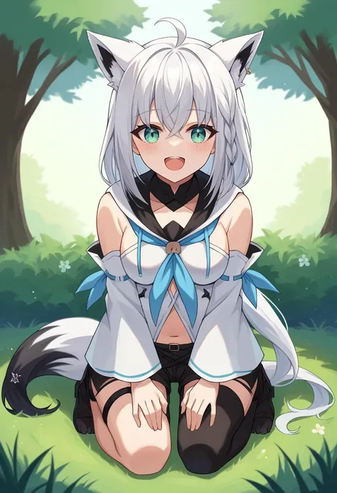 score_9, score_6_up, source_anime BREAK 1girl, solo, full body, grass, tree, fubuki_base, white blouse, detached sleeves, black shorts, blue neckerchief, thigh strap, single thighhigh, white hair, single side braid, ahoge, piercing, fox tail, kneeling, hands on knees, smile, open mouth <lora:shirakami_fubuki_sdxl_pony-4-000009:1>