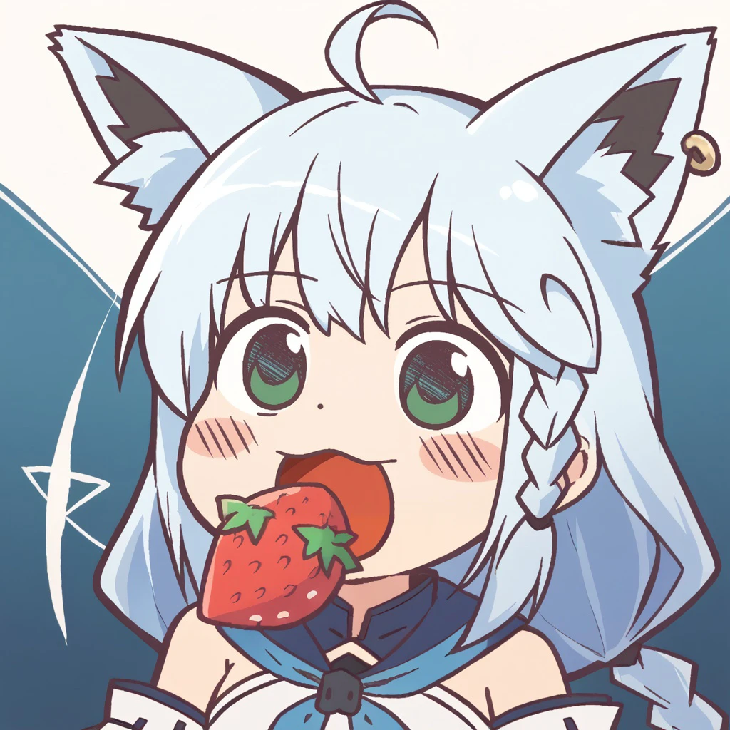 score_9, score_8_up,score_7_up,score_6_up,source_anime, :d,upper body, open mouth chibi,eating, strawberry, arm, holding strawberry,
fubukibase, white blouse, detached sleeves, blue neckerchief,, white hair, single side braid, ahoge, piercing, fox tail, pentagram,
<lora:Ikiyouz-PonyXL-1024px:1> <lora:fubukiXL:0.8>