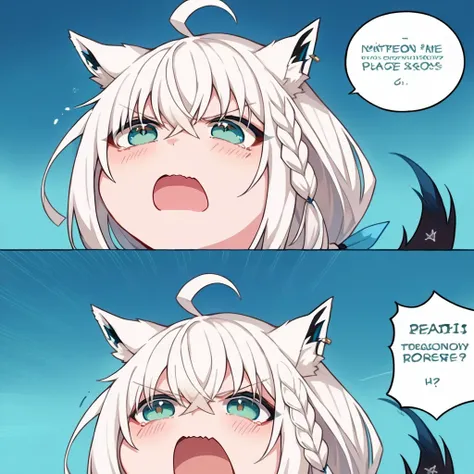 score_9, score_8_up,score_7_up,score_6_up, source_anime, open mouth, 1girl, comic, fubuki_base, white blouse, detached sleeves, blue neckerchief, white hair, single side braid, ahoge, piercing, fox tail,
<lora:shirakami_fubuki_sdxl_pony-4:1> <lora:angrynoises:1.3>