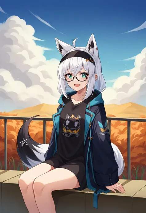 score_9, score_6_up, source_anime BREAK 1girl, solo, balcony, sitting, grass sky, clouds, autumn, fubuki_relax, medium hair, sidelocks, black hairband, no pants, black jacket, open jacket, black t-shirt, white hair, ahoge, piercing, fox tail, smile, open mouth, glasses <lora:shirakami_fubuki_sdxl_pony-4-000009:1>