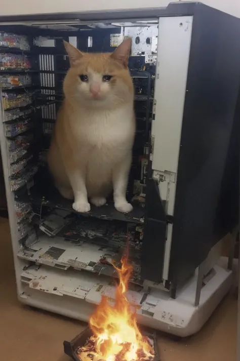 Flaming GPU computer parts, motherboard on fire, burning computer, exploding,  computer blowing up, room on fire
 <lora:sadcatmeme:1>, sadcatmeme