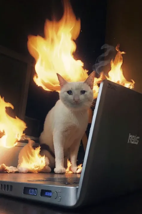 Exploding computer tower, burning motherboard, engulfed in smoke and flames, action shot, panicking, 
 <lora:sadcatmeme:1>, sadcatmeme