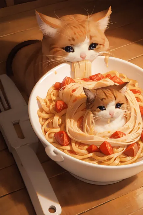 (,best art,best illustration,perfect ratio:1.3),natural lighting, soft lighting, sunlight, HDR (High Dynamic Range), Maximum Clarity And Sharpness, Multi-Layered Textures,
(cat chef eatting pasta:1.3),
<lora:sadcatmeme:1> sadcatmeme, cat, crying, tears,