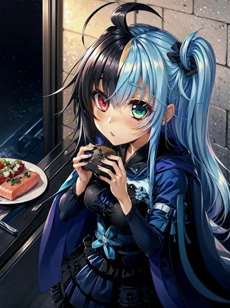 <lora:tatsumi_v1-000025:0.8>, tatsumi, (black & blue hair), ahoge, chibi, heterochromia, upper body, long hair, cape, (eating salmon)