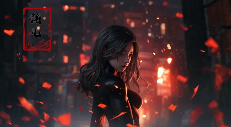 fire, embers, burning, blurry, 1girl, confetti, petals, long_hair, rose_petals, depth_of_field, solo, blurry_background, explosion
<lora:~Q?-O black Spider Man costume:0.8>